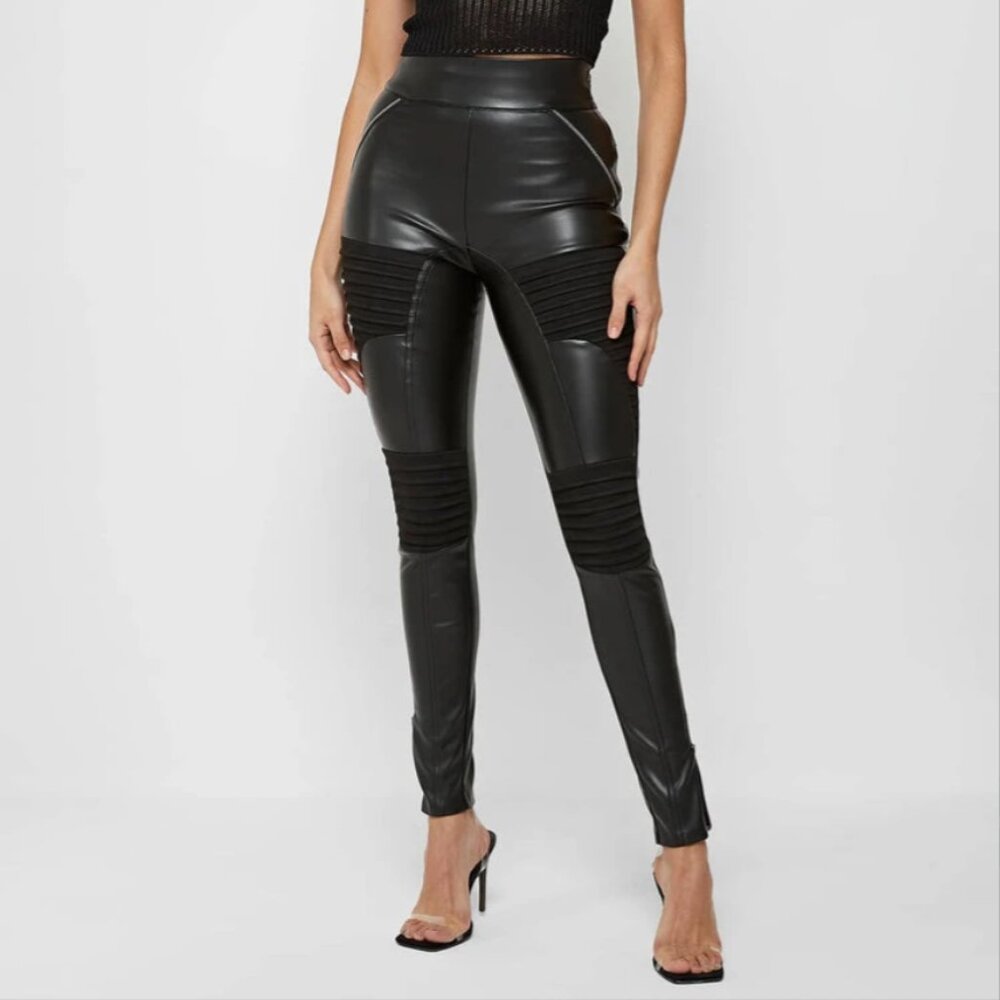Maniere De Voir Vegan Leather & Suede Ribbed Legging